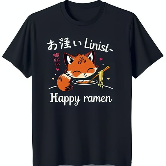 Adorable Cartoon Fox Enjoying Ramen Black T-Shirt 'Oishi Linisi Happy Ramen' Design with Hearts