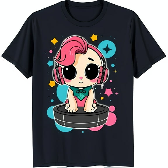 Adorable Cartoon Girl in Headphones Graphic on Black T-Shirt