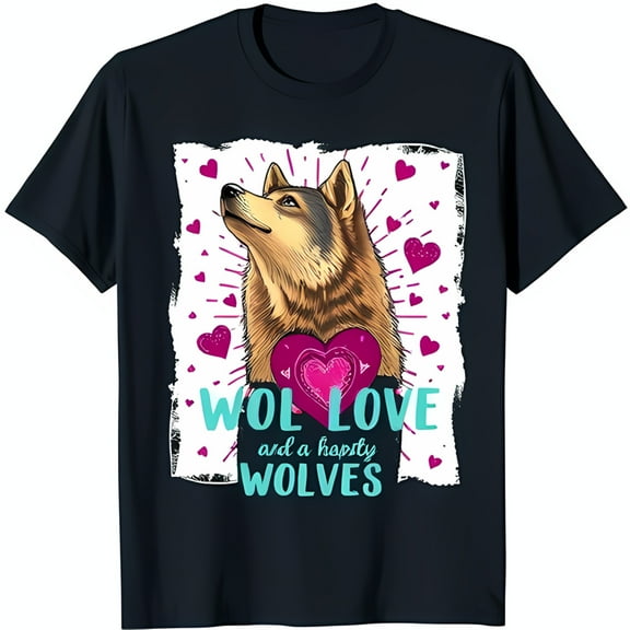 Adorable Cartoon Graphic T-Shirt with Hearts 'WOL LOVE' Design