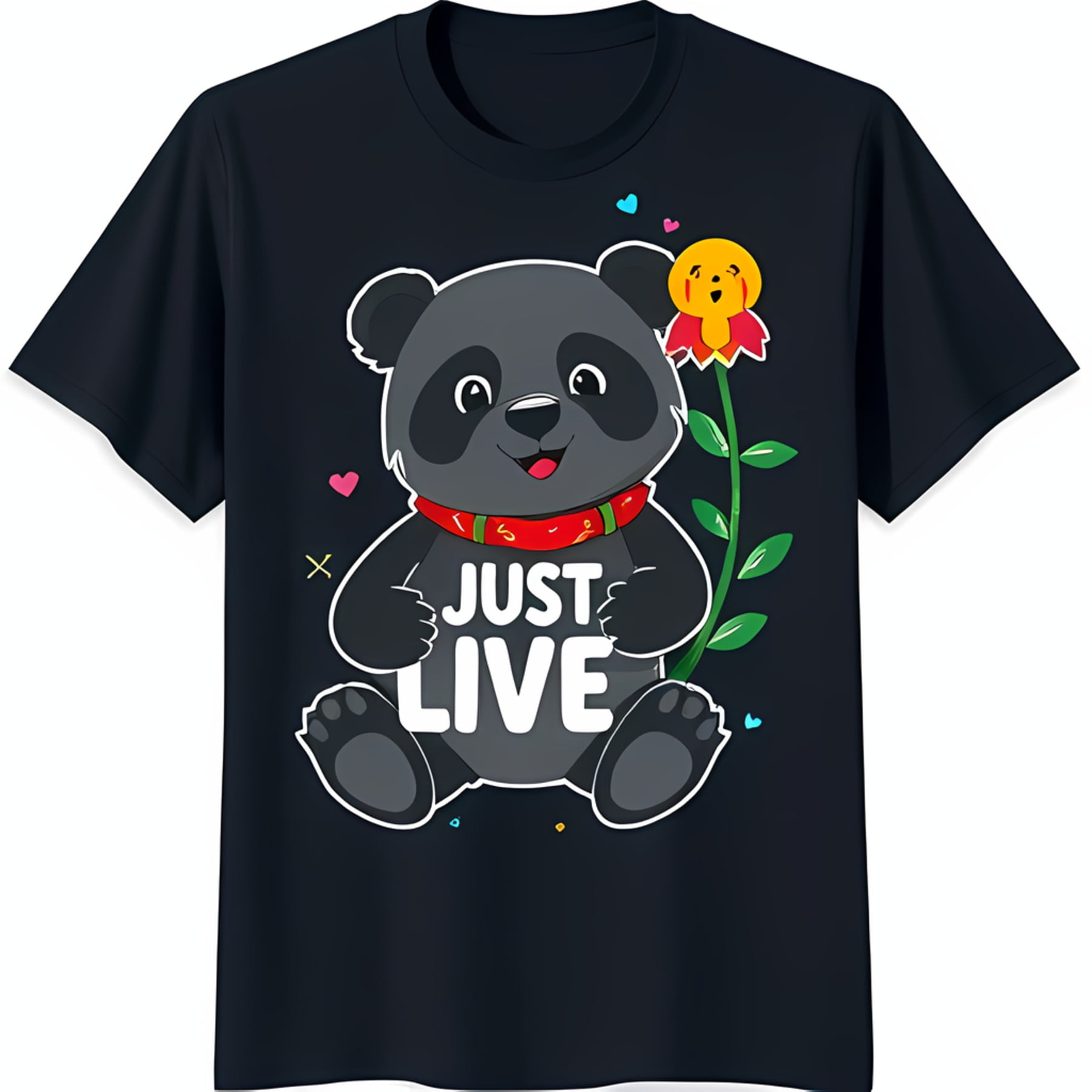 Adorable Cartoon Panda Graphic Tee 'JUST LIVE' Design on Black TShirt