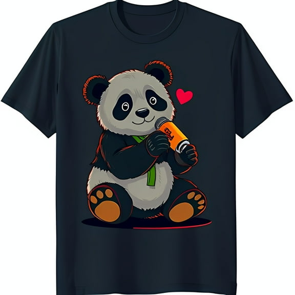 Adorable Cartoon Panda Singing with & Heart Dark Blue T-Shirt