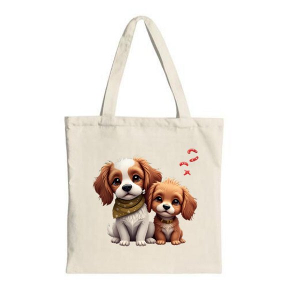 Adorable Cartoon Puppies Tote Bag - White & Brown Puppy with Green Bandana & Brown & White Puppy with Golden Collar Fun Fish Design