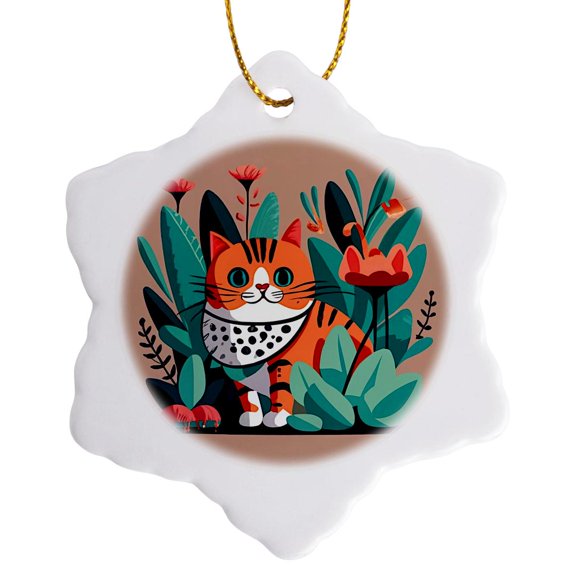 3drose, Adorable Cartoon Style Boho Cat, 3 inch Snowflake Porcelain Ornament