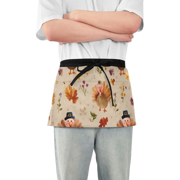 Adorable Cartoon Turkeys in Floral Field Short Server Apron with 3 Pockets for Unisex Chef Gardening