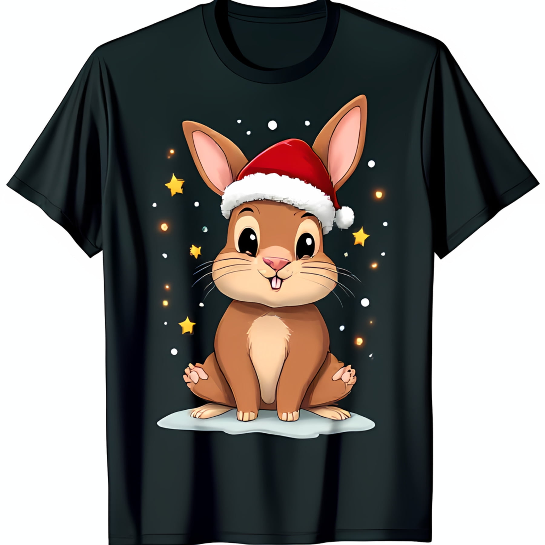 Adorable Cartoon in Santa Hat Graphic on Black TShirt Holiday