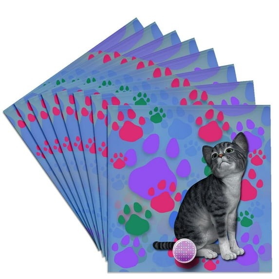 3drose, Adorable Cat and Paw Prints Colorful Original Print, Set of 8 Ceramic Tile Coasters