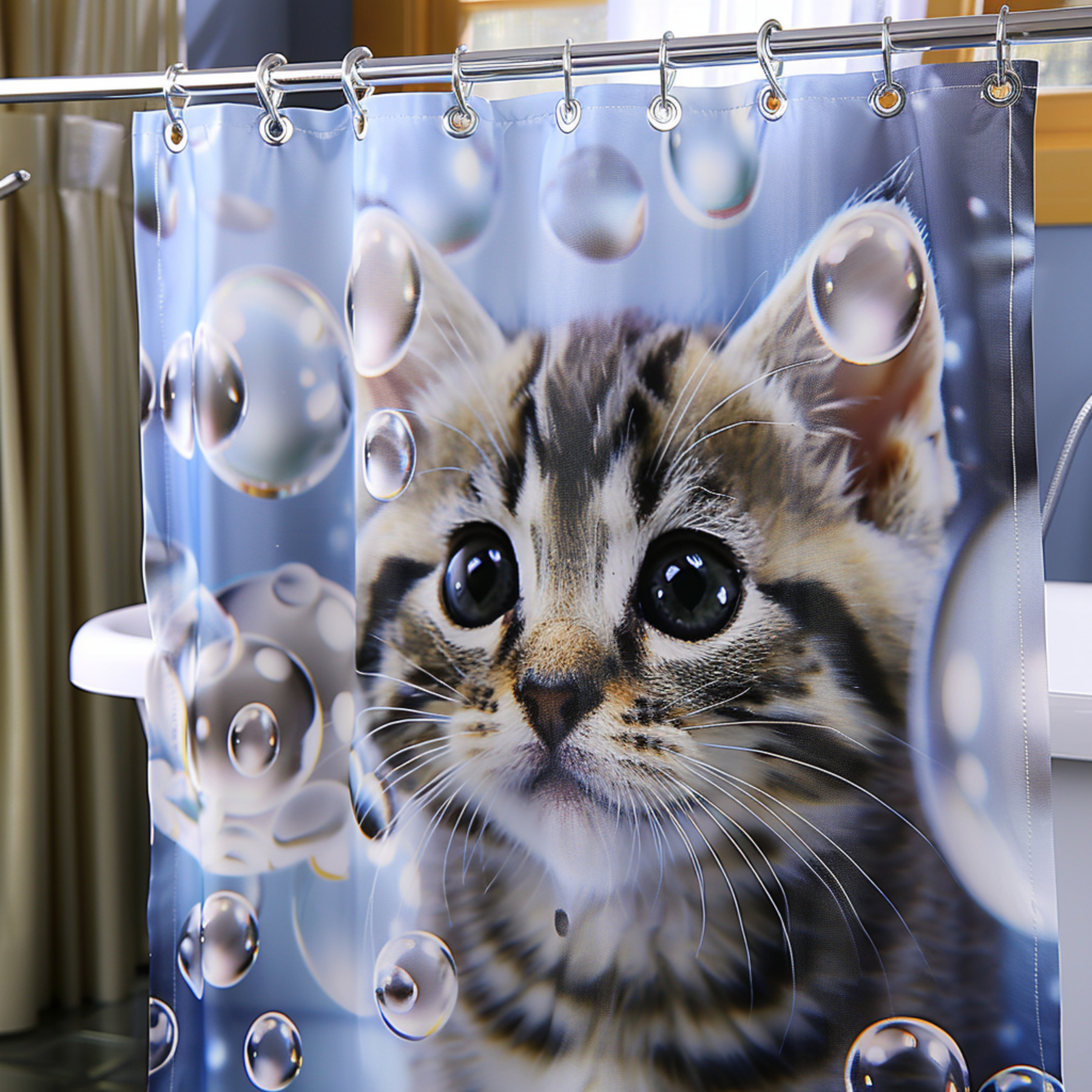 Adorable Cat Design Shower Curtain Vibrant Colors High Quality Bubble