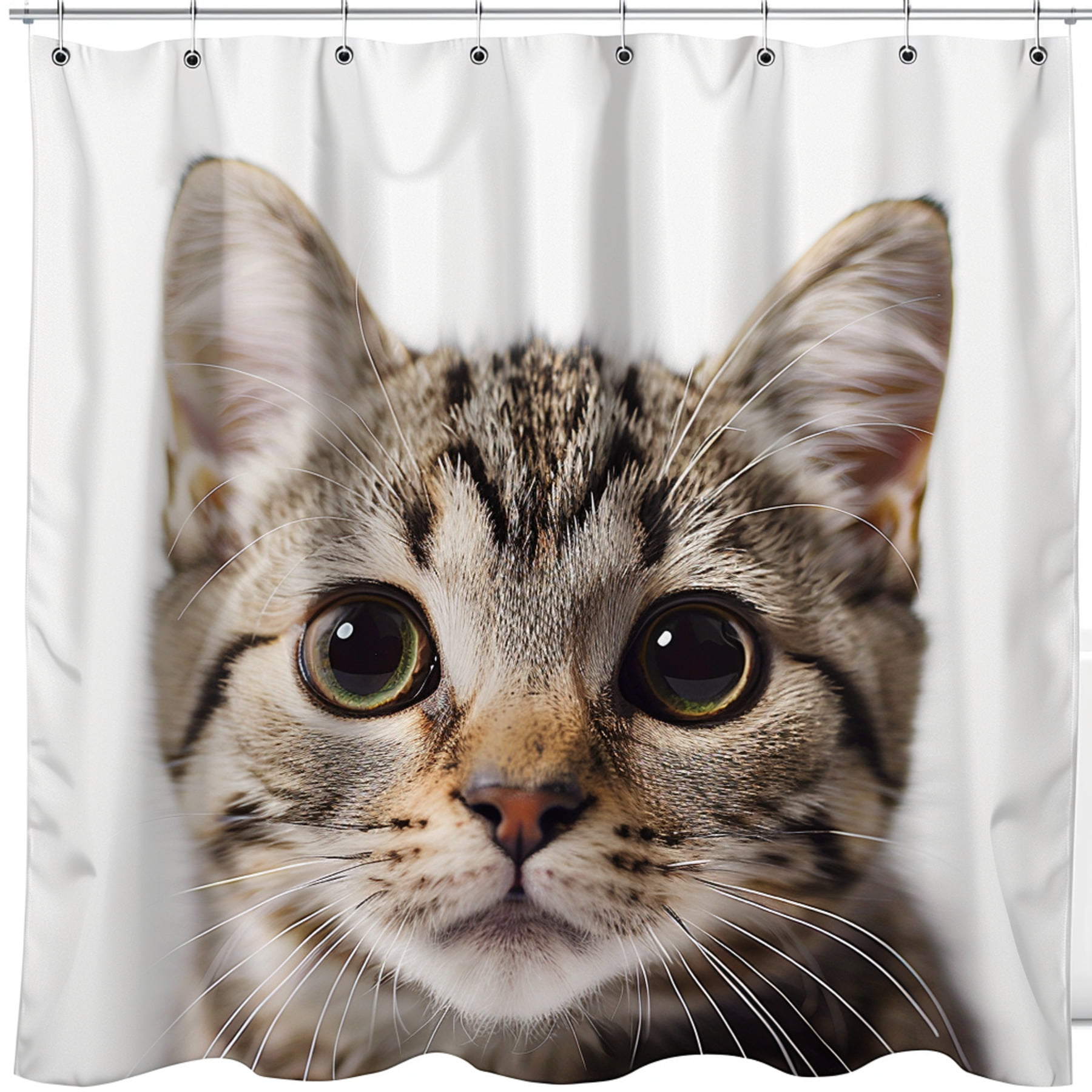 Adorable Cat Face Behind White Curtains Shower Curtain Realistic Full