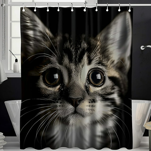 Adorable Cat Face Shower Curtain Black and White Tabby Pattern Cozy ...