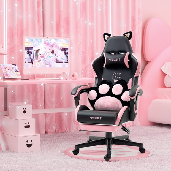 Adorable Cat Gaming Chair in Black with Paw Lumbar Cushion for Comfort