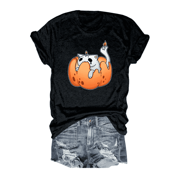 Adorable Cat Ghoust in Pumpkin Women's Halloween T-Shirt - Cute Spooky Graphic Tees