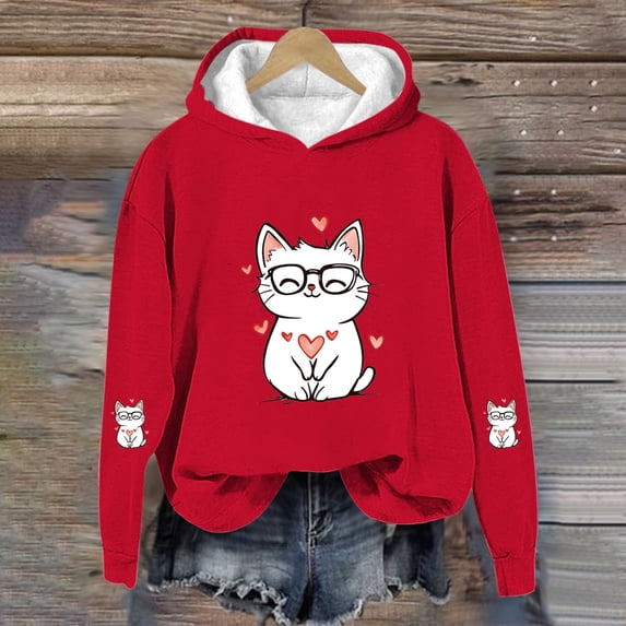 Adorable Cat with Heart Print Girls Red Cropped Hoodie - Fleece Lined Long Sleeve, Soft Stretch 95% Polyester 5% Spandex, Size 110-160 for 4-12 Kids,Size 7-8T