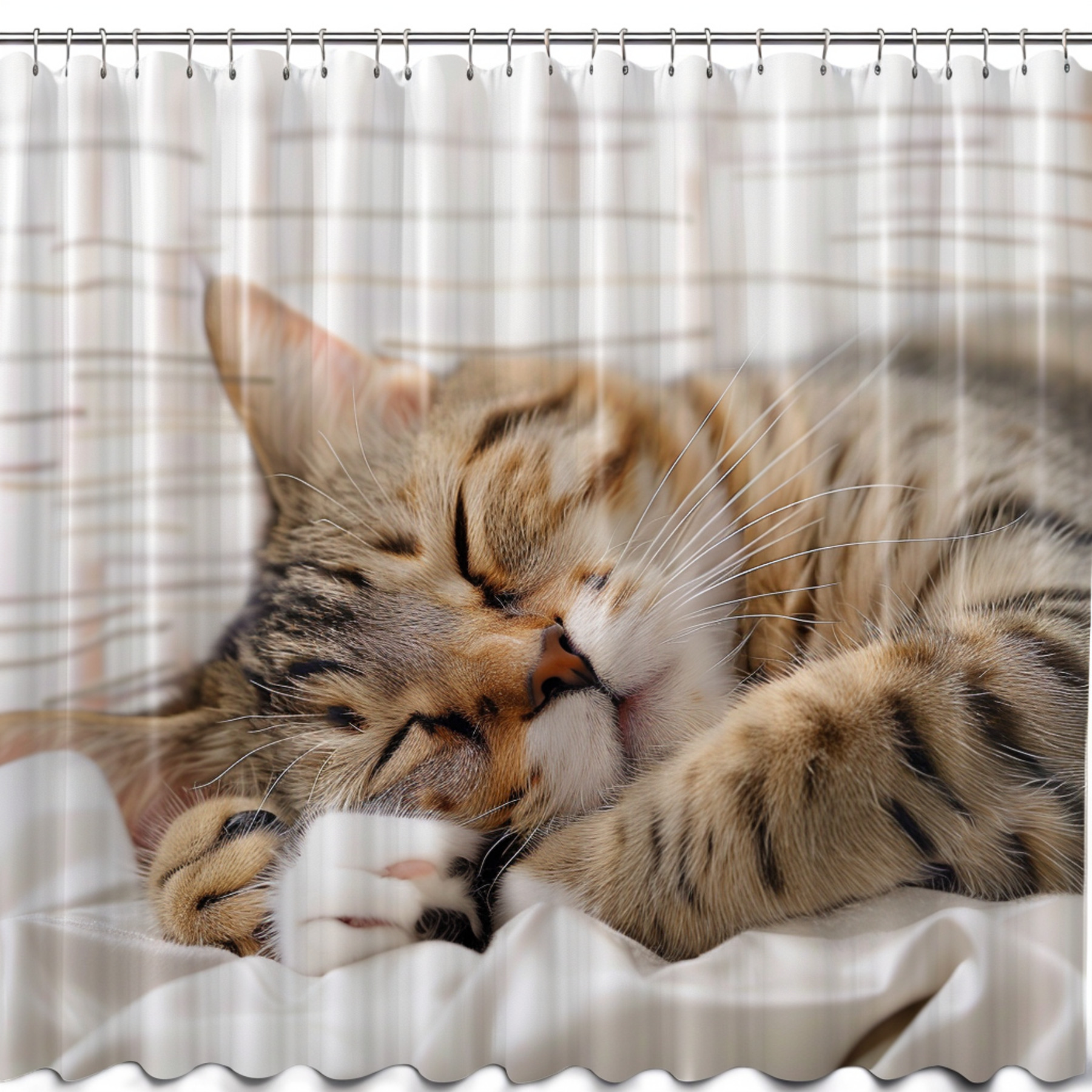 Adorable Cat Nap Printed Shower Curtain Cute Cartoon Design Smiling Cat