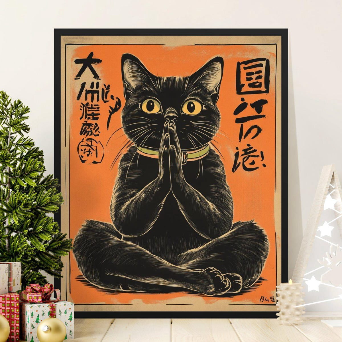 Adorable Cat Poster, Japanese Art Inspired, Cute Cat Wall Decor, Black ...