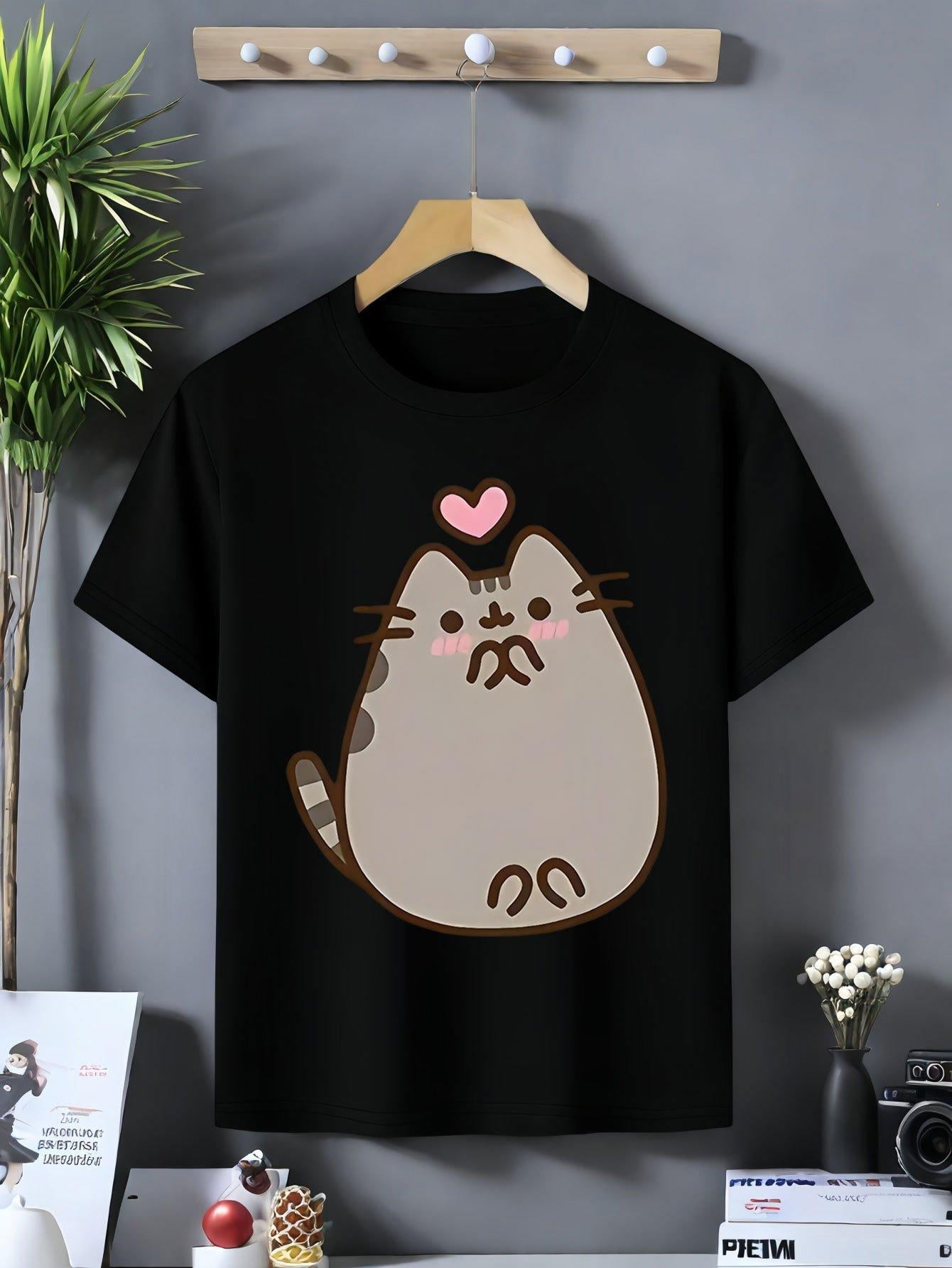 Adorable Cat Print Girls' TShirt Soft & Comfy 95 Cotton Crew Neck