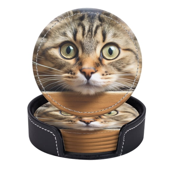 PU Leather Coasters for Drinks Bar Beer,Set of 6 with Holder,Round Housewarming Gift,Adorable Cat'S Face Peering Over The Edge Of Wooden Table