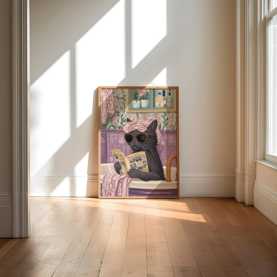 Adorable Cat Showering Cute Kitten Restroom Bathroom Poster Art ...