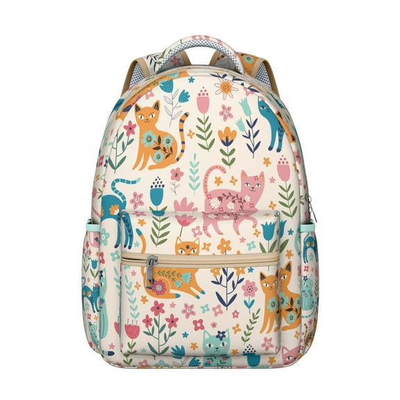 Adorable Cat Themed Backpack for Women & Girls - Spacious Waterproof School Backpack for College & Work - Lightweight Laptop Bag with Side Pockets - Fun Floral Cat Print for Everyday Use