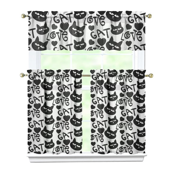 Adorable Cat-Themed Print Kitchen Curtains - Set of 3 with Paw Design Rod Pocket Panels