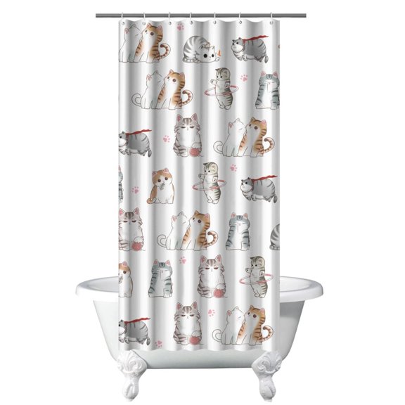 Adorable Cat-Themed Print Shower Curtain, Hand-Drawn Cat Illustration Waterproof Bathroom Drape, 36x72 Inch