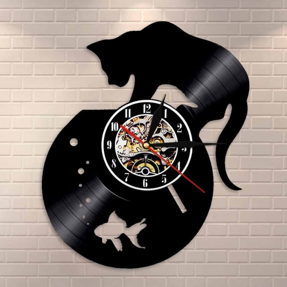 Adorable Cat and Fishbowl Funny Wall Art Wall Clock Cat On Fishbowl Vinyl Record Wall Clock Kitten Decorative Clock Kitty Gift