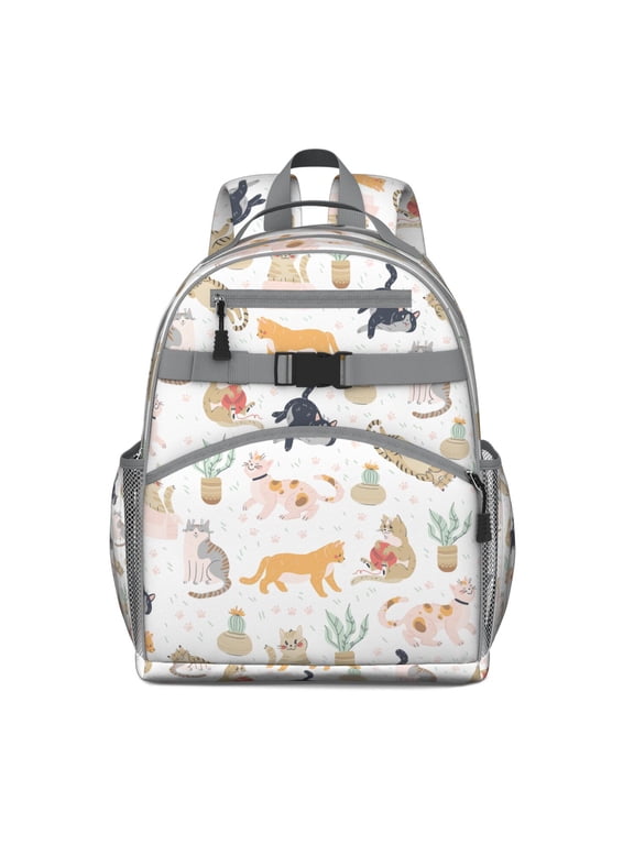 Adorable Cat-themed Print Students Backpack with Watercolor Cat Artwork, Floral Cat Design, and Funny Cat Illustration