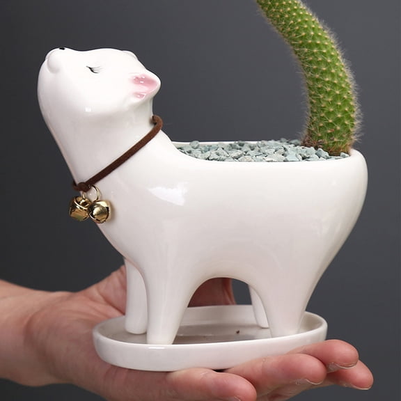 Adorable Ceramic Cat Succulent Planter with Drainage for Home Decor，Indoor Cute Animal Plant Pot White Ceramic Cactus/Flower Container