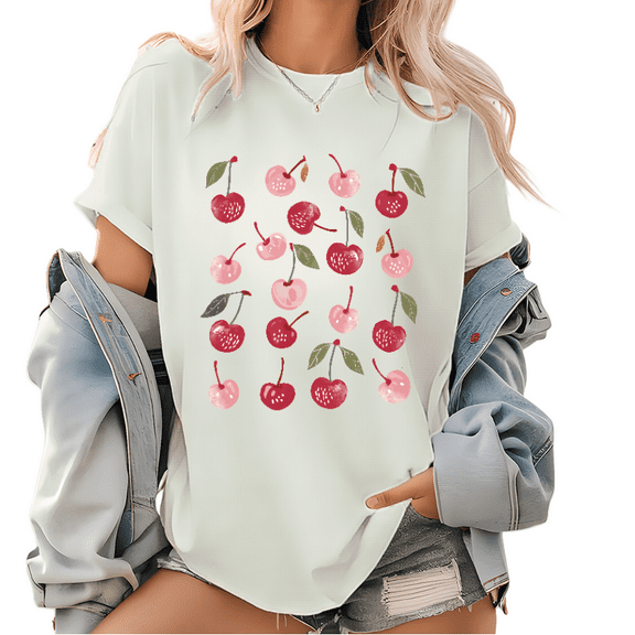 Adorable Cherry - Themed Tops for Women with Cute and Delicate Print T - shirts Fashionable Graphic Tees That Are Perfect For Casual Short Sleeve Shirts