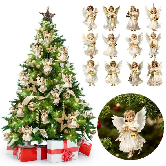 Adorable Christmas Angel Ornament Set – 12 Pcs Wooden Angel Decorations for Christmas Tree Hanging Decor, Wreath, Mantel, Holiday Decorations Car Backpack Pendants, 3.15in
