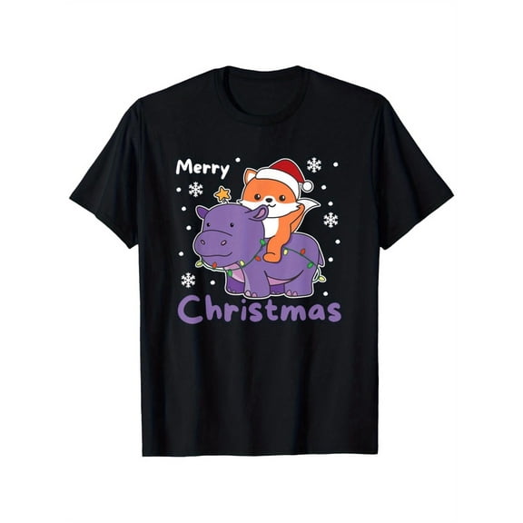 Adorable Christmas - Themed Printed Tee,Tops Features "Merry Christmas" Text with Fox, Hippo & Snowflake Illustrations, Round Neck Regular Fit T - shirts, Size(S - 5XL)