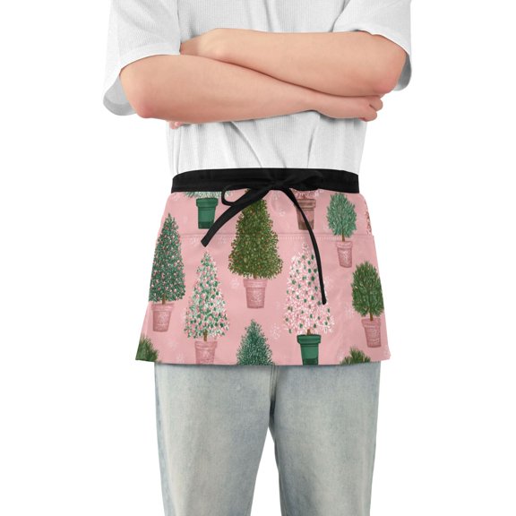 Adorable Christmas Tree Potted Plant Short Server Apron with 3 Pockets for Unisex Chef Gardening