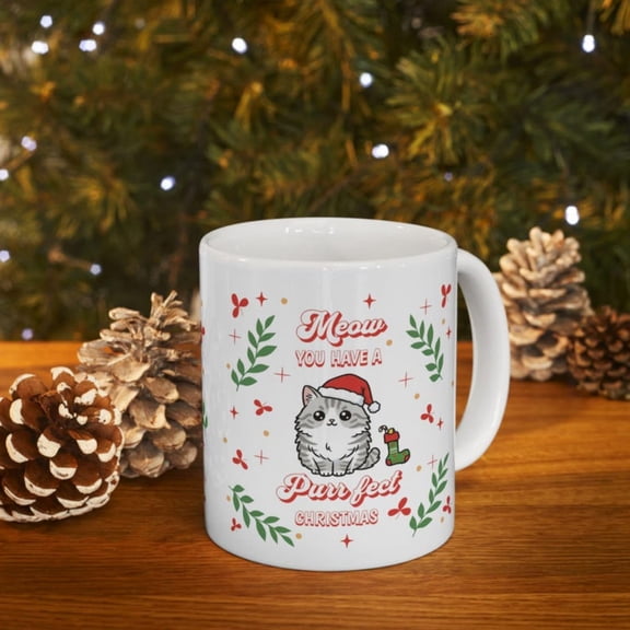 Adorable Cistmas rtoon Light Grey Tabby eramic Mug ozoz.