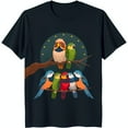 Adorable Colorful Birds on Tree Branch with Moon & Stars Dark Blue T