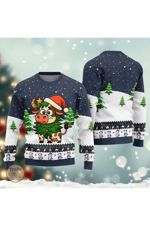 Adorable Cow Ugly Sweater, Funny Cow Christmas Sweater, Cute Cow Sweater, Idea Christmas Gift for Men Women, Holiday Eve Sweater