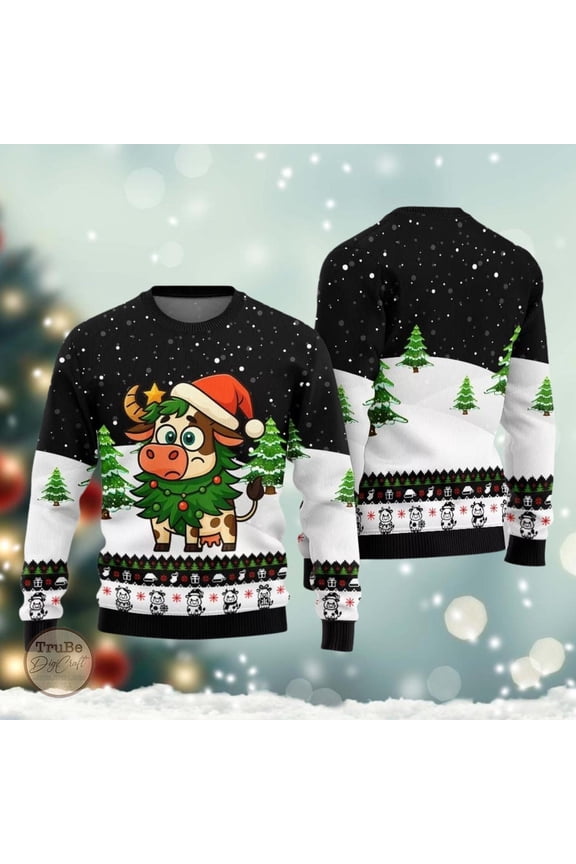 Adorable Cow Ugly Sweater, Funny Cow Christmas Sweater, Cute Cow Sweater, Idea Christmas Gift for Men Women, Holiday Eve Sweater