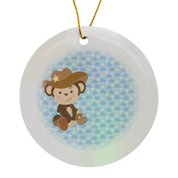 3drose, Adorable Cowboy Monkey in Blue on a Blue Pattern Background, Circle Porcelain Ornament