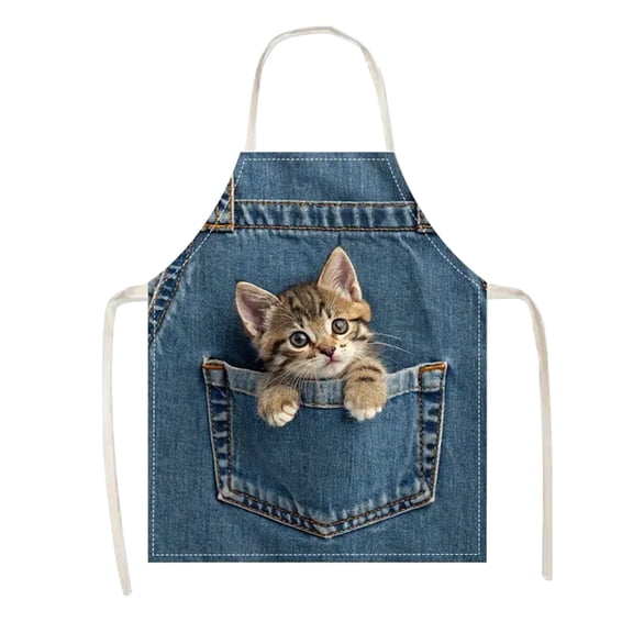 Adorable Cowboy Pocket Cats Kitchen Cooking Coverall Apron for Parent Child Gifts Protective Smock With Front Pocket Polyester