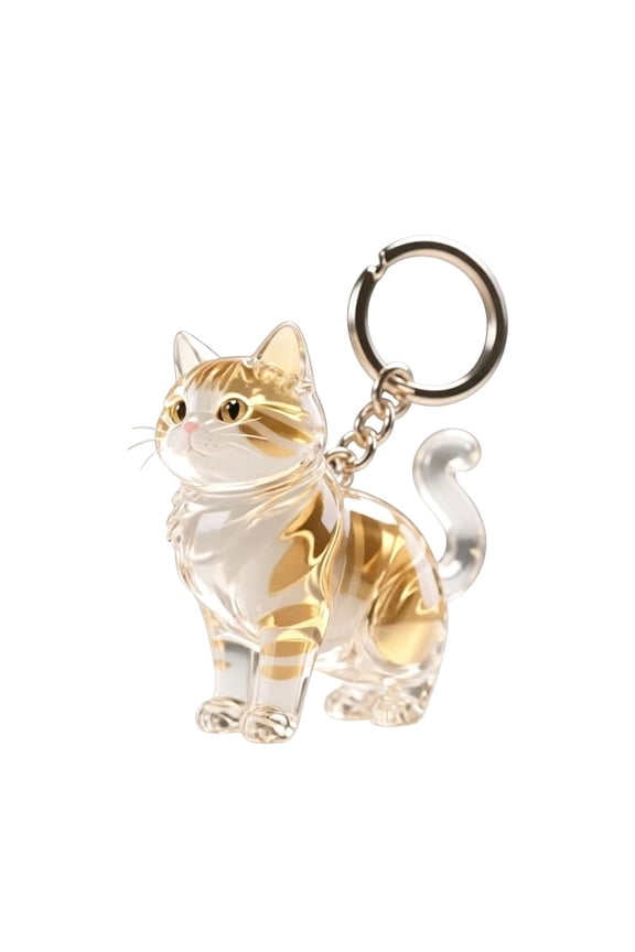 Adorable Cat Keychain - Gold Striped Transparent Kitten Pendant with Key Ring, Portable Size, Shiny Design for Backpacks, Car Keys & Pet Gift
