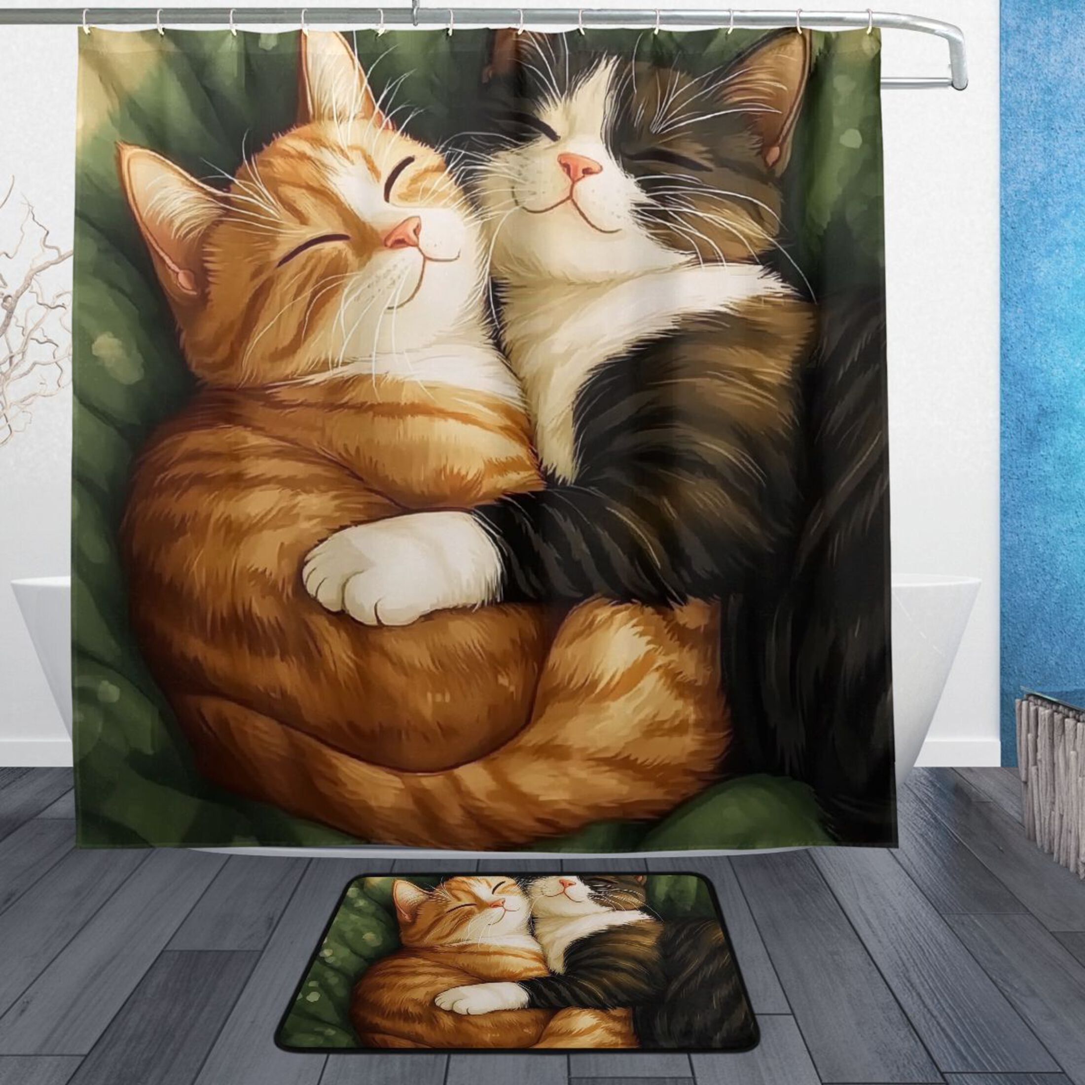 Adorable Cuddling Cats 2 Pcs Bathroom Shower Curtain Set with Bath Mat and Shower Curtain 72"x72"