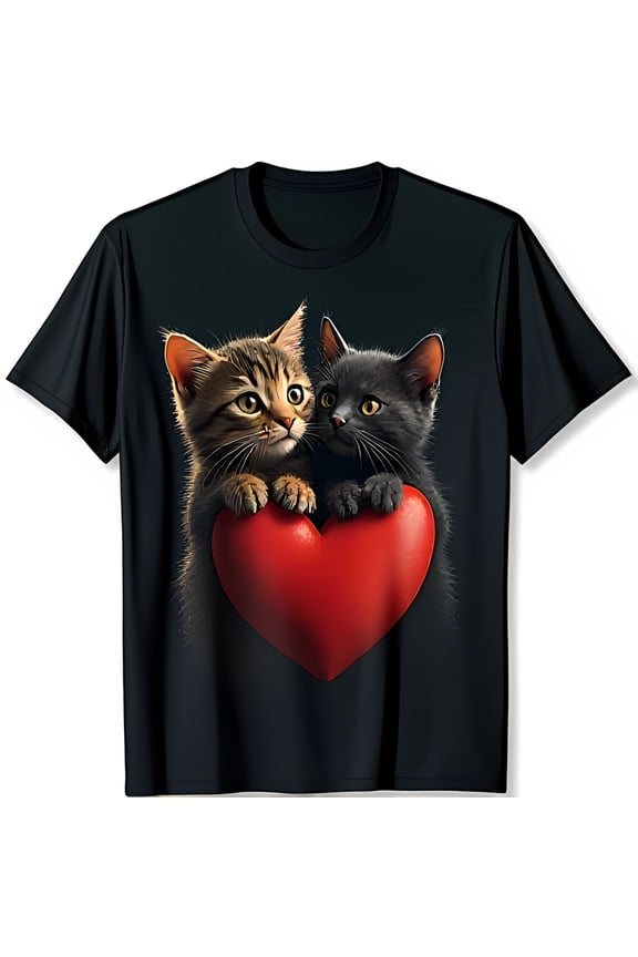 Adorable Cuddling Heart T-Shirt Cute Tabby & Black Cat Design