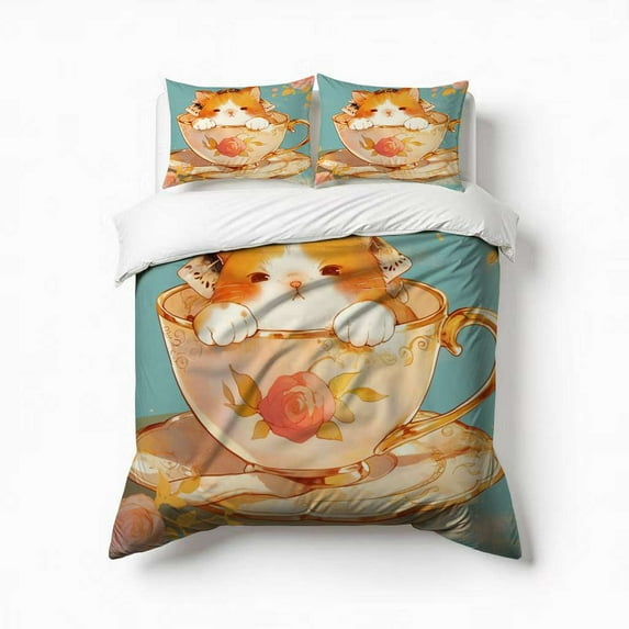 Adorable Cup Cat Bedding Set 3 Pcs Soft Microfiber Quilt Cover For Bedroom Decor, Comforter Cover With 2 Pillowcase