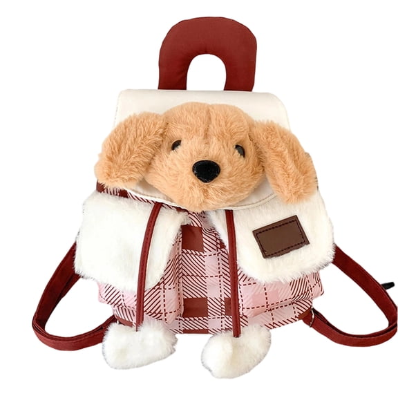 Adorable Cute Cartoon Stuffed Plush Backpack With Red Pink Checkered Puppy Head And Body Design - Soft Plush Toy Doll Shoulder Bag For Carrying Essentials And Fun Play - For