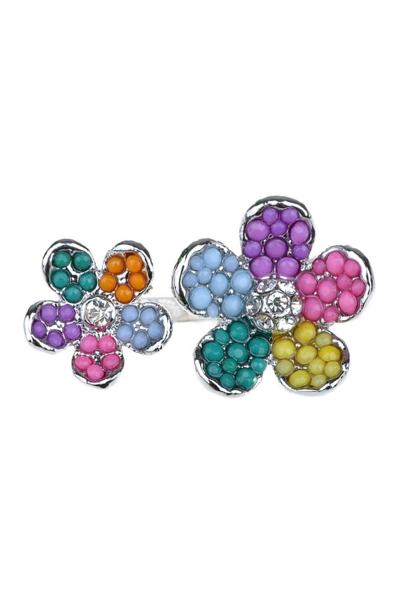 Adorable Cute Colorful Two Flower Petal Beads Clear Crystal Rhinestone Ring