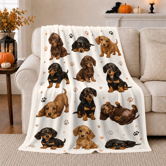 Adorable Dachshund Puppy Collection, Playful Pet Portrait Pattern, Warm Flannel Blanket for Living Room and Bedroom, Dog Lovers Christmas Gift, Pet Lover Home Decor