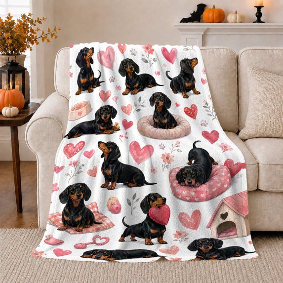 Adorable Dachshund Theme Pink Hearts Dog Lover, Playful Pet Portrait Pattern, Warm Flannel Blanket for Living Room and Reading Nook, Dog Lovers Friendship Gift, Pet Lover Home Decor