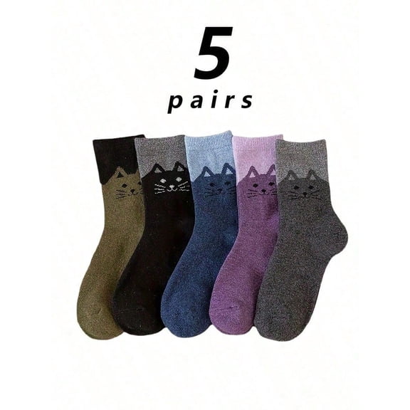 Adorable Daily Wear 5 Pairs Of Whimsical Cartoon Cat Soft Charming Cartoon Cat Printed Socks - Silky, Comfortable, And Warm Knit Fabric Suitable For Women - Hand Washed Or Dry Cleaned, Animal Pattern