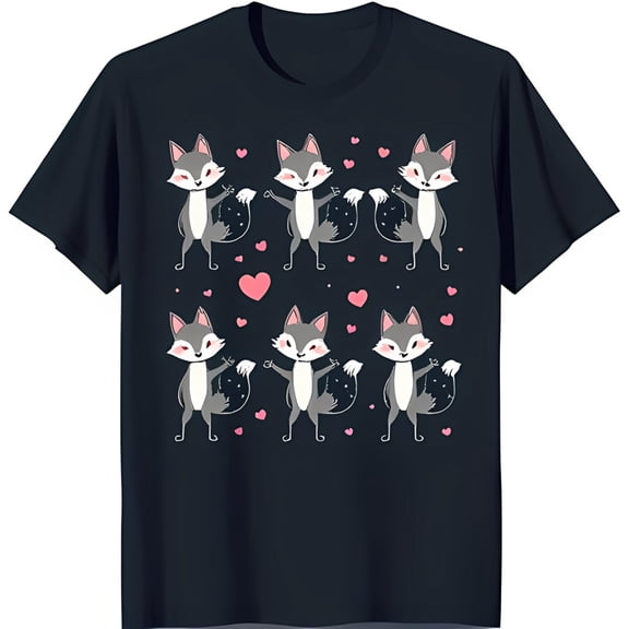 Adorable Dark Blue Foxes Graphic T-Shirt with Hearts Cute & Stylish