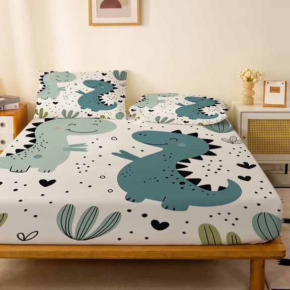Adorable Dinosaur Pattern Fitted Sheet - Soft & Skin-Friendly Deep Pocket Design for Full/Double Mattress