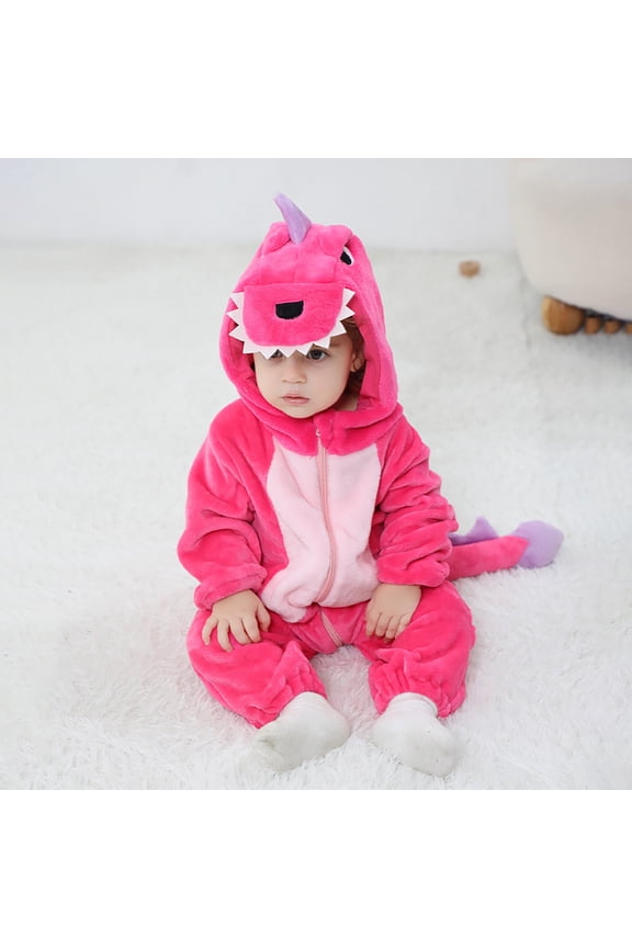 Adorable Dinosaur Print Flannel Sleepwear Lightweight Romper Pajamas For Girls Toddlers Kids Comfortable Soft Fabric