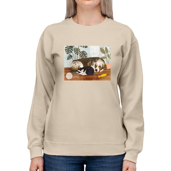 Adorable Dog And Cat Sleeping Sweatshirt Women -Victoria Borges Designs, Female 3X-Large